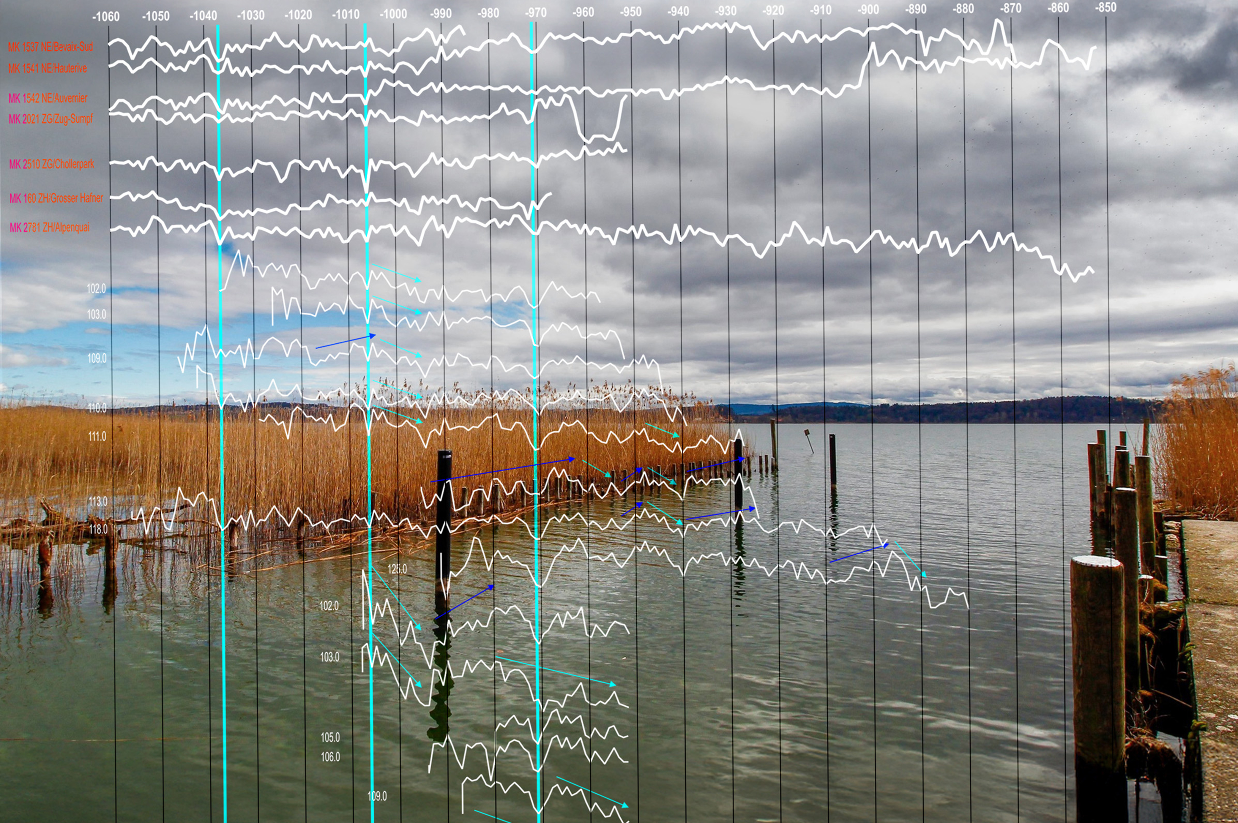 Dendroarchäologische Untersuchungen spätbronzezeitlicher Seeufersiedlungen am Bielersee. Grafik: Jonas Blum; Foto: Rachel D’Angelone